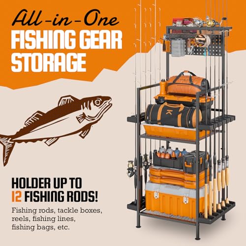 YQSLYSF Fishing Rod Holders for Garage with Pegboard & Metal Mesh Basket, Fishing Rod Storage Rack, Vertical Fishing Pole Holder for Up to 12 Poles, Tackle Gear Organizer