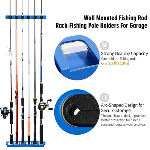 DZrudun Vertical Fishing Rod Holder for Garage Wall Mounted - 6 Rods Fishing Pole Storage Rack with Damage-Free EVA Grip, Interlocking Fishing Pole Holders for Garage Organization, Best Fish Gifts Men
