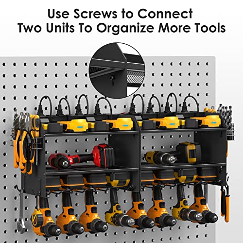 CCCEI Modular Power Tool Organizer Wall Mount with Charging Station. Garage Drill Storage Shelf with Hooks, Heavy Duty Rack, Tool Battery Holder Built in 8 Outlet. Gift for Men. Black, 1 Pack.