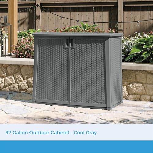 Suncast Resin Outdoor Storage Cabinet, Cool Gray Wicker Resin Outdoor Cabinet, Weatherproof, Lockable Outside Storage for Patio, Deck, Balcony, Porch, Backyard, or Garden, Made in The USA