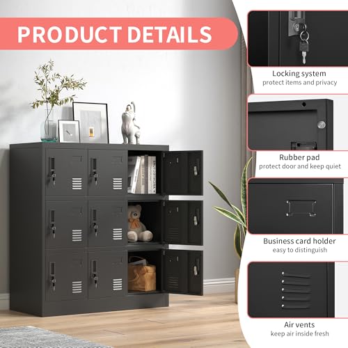 IKIMI Metal Lockers for Employees,Office Storage Locker with 9 Doors Black,Employee Locker with Lock and Card Slot,Steel Staff Locker Storage Cabinet for Gym Home School Garage,Assembly Required