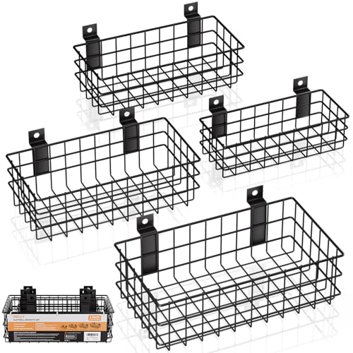 INCLY 4 Pack Black Slatwall Baskets Set, Ventilated Metal Hanging Storage Slat Wall Basket, Mounted Slatwall Accessories for Garage Rooms Shops Storage Organizing Display on Slatwall Panels