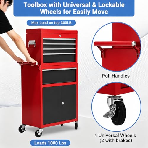 Heavy Duty 5 Drawer Tool Chest, Rolling Tool Box Cabinet on Wheels, 2-in-1 Detachable Metal Tool Storage Organizer for Garage and Workshop, Locking Steel Tool Cart with Portable Top Tool Box,Black&Red