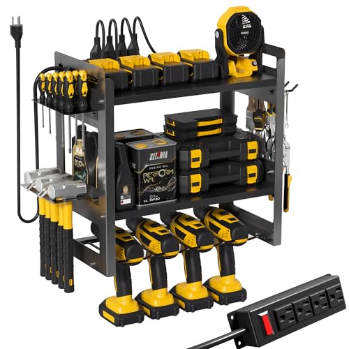 TOPRINCE Power Tool Organizer Wall Mount with Charging Station, 3-Tier Heavy Duty Metal Tool Rack with 4 Drill Holders and 6FT Power Strip, Garage Workshop Storage.Black