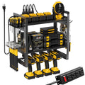 TOPRINCE Power Tool Organizer Wall Mount with Charging Station, 3-Tier Heavy Duty Metal Tool Rack with 4 Drill Holders and 6FT Power Strip, Garage Workshop Storage.Black