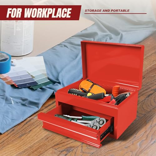 Torin APBT701RB 10" Mini Portable Steel Tool Box with drawer,Small Metal Tool Chest for Home,Garage or Workbench,Red