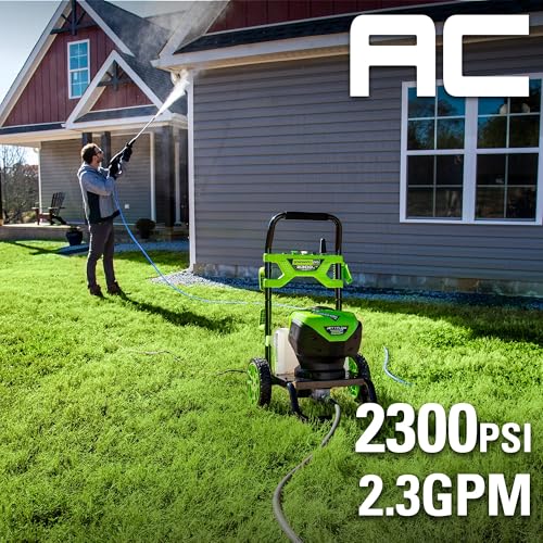 Greenworks 2300 PSI (2.3 GPM Max) Electric Pressure Washer (25°, 40°, Soap, and Turbo Nozzle) For Use On Decks, Fences, Concrete Patios, Sidewalks & More. Medium-Duty