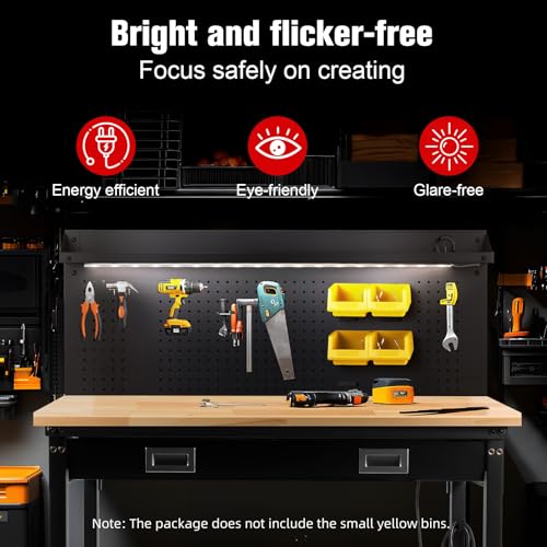MUWOOD 60" Workbench with Drawers, Work Benches for Garage with Strip Light, Adjustable Work Table with Large Pegboard, 2000 LBS Heavy Duty Table with Power Outlet Rubber Wood for Garage, Office