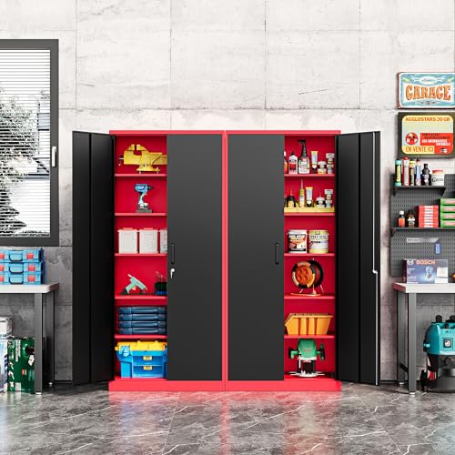 Fesbos Metal Storage Cabinet-71” Tall Steel File Cabinets with Lockable Doors and Adjustable Shelves-Black&Red Steel Storage Cabinet for Home, School, Office, Garage