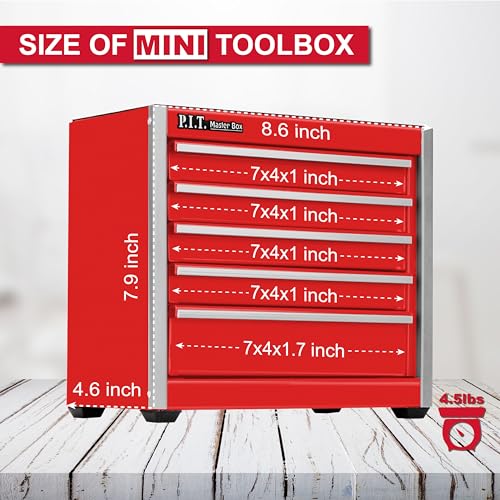 P.I.T. Mini Tool Box 8.6"W X 4.6"D, Portable 5-Drawer Micro Steel Stackable Toolbox with Liner, Red Cute Tool Case for Small Tools Parts Storage, Home DIY