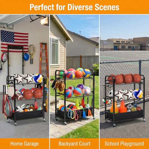 EXTCCT Ball Storage Sports Equipment Organizer - Garage Storage Cart Rolling Ball Storage Rack with Hooks Wheels Outdoor Indoor Gym Gear Toy Holder Bin for Basketball, Baseball, Soccer