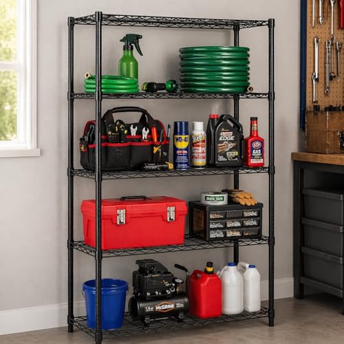 Honey-Can-Do 5-Tier Heavy-Duty Adjustable Shelves, Metal Storage Rack with 200-lb Shelf Capacity, Black, 14" W x 36" L x 72" H