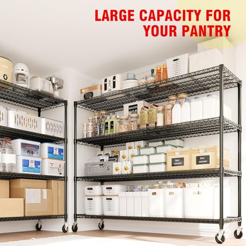 4-Tiers Storage Shelves 73" H Heavy Duty Metal Shelving with Wheels, 2640LBS Load Wire Shelving Rack Garage Shelves for Pantry Kitchen Industrial Warehouse Office, 59" W x 23.9" D