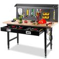 MUWOOD 60" Workbench with Drawers, Work Benches for Garage with Strip Light, Adjustable Work Table with Large Pegboard, 2000 LBS Heavy Duty Table with Power Outlet Rubber Wood for Garage, Office