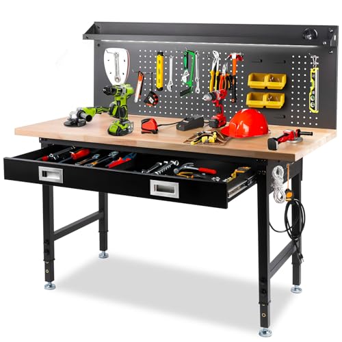 MUWOOD 60" Workbench with Drawers, Work Benches for Garage with Strip Light, Adjustable Work Table with Large Pegboard, 2000 LBS Heavy Duty Table with Power Outlet Rubber Wood for Garage, Office