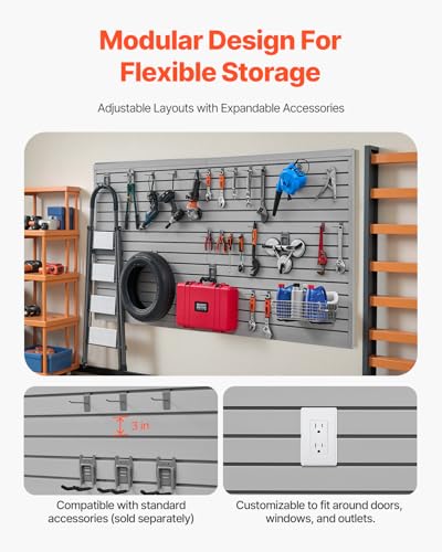 VEVOR Slat Wall Paneling, 8 x 4 ft, PVC Garage Slatwall without Accessories, Grey Slat Wall Easy-to-Install Adjustable Slatwall Panel with Coupling Structure & DIY Cutting, Fits for Storage & Display
