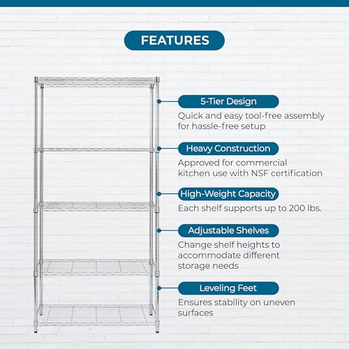 Honey-Can-Do 5-Tier Heavy Duty Adjustable Shelving Unit, 200-lb Per Shelf NSF Certified Metal Storage Rack, Chrome Wire Shelf for Garage Kitchen Pantry, 36 x 14 x 72 in