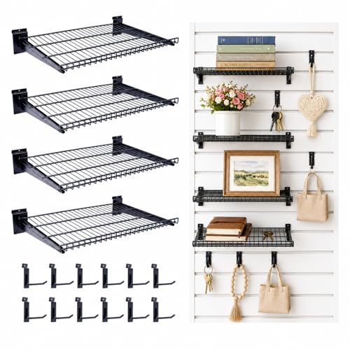 Noliven 4 Pack 23.6x16.3 Inch Slatwall Shelves, Carbon Steel Slat Wall Wire Shelf with 12 Hooks, 55 lbs Load Capacity Per Piece, Universal Slatwall Accessories for Retail, Garage, Home, Black