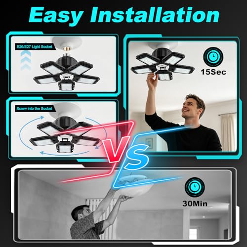 Luyata LED Garage Lights 2 Pack, Ceiling LED Shop Light 180W 18000LM 6500K Screw in Led Light with 5+1 Deformable Panels, Bright Led Lighting for Garage Workshop Basement Support E26/E27 Socket