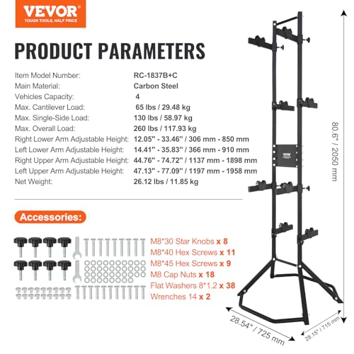 VEVOR 4 Bike Rack Garage Storage, Free Standing Gravity Wall Vertical Bike Stand, Sturdy Steel & Easy Assemble, for Road, MTB, and Hybrid Bicycles, Holds Up to 260 Lbs