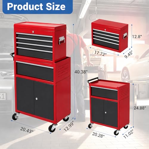 Heavy Duty 5 Drawer Tool Chest, Rolling Tool Box Cabinet on Wheels, 2-in-1 Detachable Metal Tool Storage Organizer for Garage and Workshop, Locking Steel Tool Cart with Portable Top Tool Box,Black&Red
