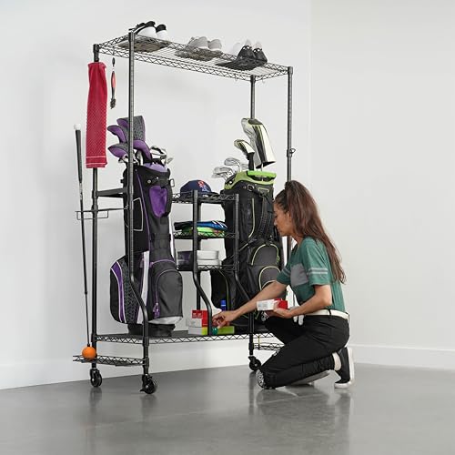 SafeRacks Golf Equipment Organizer Rack, Golf Bag Storage Rack for Garage, Fits 2 XL Bags & Accessories - Standard and Deluxe (Deluxe, Black)
