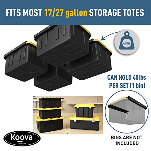 Koova Heavy-Duty Overhead Garage Storage Rack for 4 Bins. Adjustable Width, 160lb Capacity. DIY Safe Ceiling Mount, Easy Install. Fits 27-Gallon Totes. USA Made Pro-Grade Steel. Space Saving Organizer
