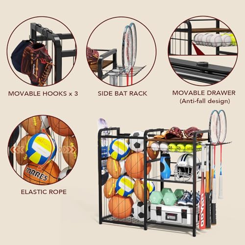 Homsorout Garage Sports Equipment Organizer, Ball Storage for Gear and Toys, Large Capacity, Sports Organizer for Garage with Hooks and Baskets, for golf, Football, Soccer Ball, Bat
