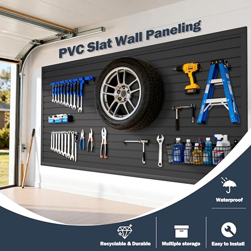 FOFARY Slat Wall Paneling 4 x 8ft, PVC Slatwall Garage Wall Organizer, Black Slatwall Panels Garage Tool Organizer Wall Mount Storage Systems