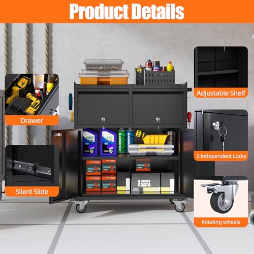 Aobabo Rolling Metal Storage Cabinet with Wheels, Heavy Duty Steel Garage Tool Cabinet with 2 Drawers, Pegboard & 4 Hooks, Lockable Mobile Organizer with Adjustable Shelves, Black, Assembly Required