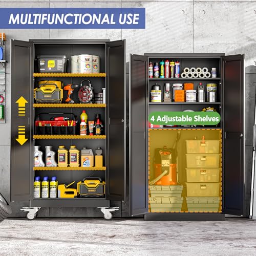 AUEYTVR 71" Metal Garage Storage Cabinet with Wheels and Locking Doors and Tall Rolling Steel Tool Cabinet with 4 Adjustable Shelves for Garage,Home,Office,Shop (Black, 71''H x 30''W x15''D)