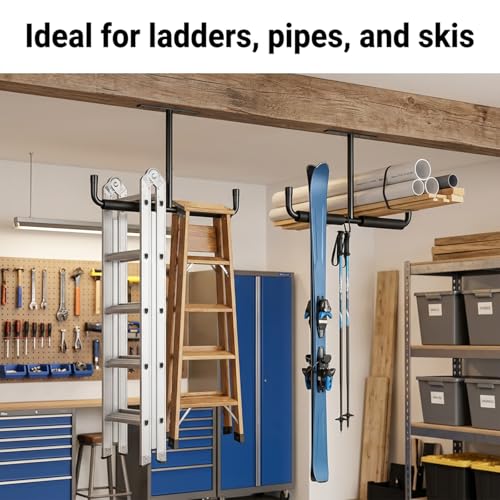 kenaeooe 4 Pack Overhead Garage Storage Hooks Heavy Duty Ceiling Mount Hangers Double T-Bar Steel Ladder Rack Space Saving Utility Hooks for Bike, Lumber, Pipe, Fishing Rod, Sports Equipment, Black