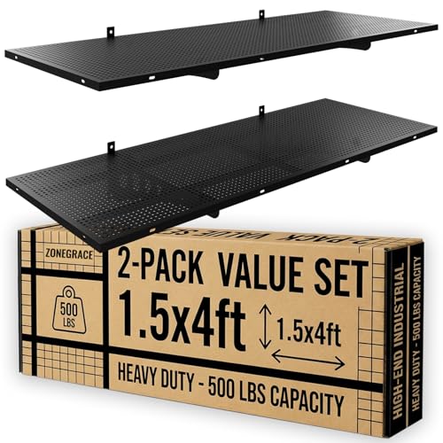 ZONEGRACE 2-Pack 1.5x4ft Garage Shelving Wall Mounted, 500 Lbs Heavy Duty Wall Shelves, Flat Metal Shelf Wall Mount For Garage Storage Wall With Complete Install Kit & Hooks, Black