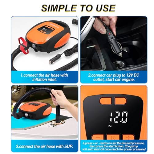 Paddle Board Pump Electric Portable, KOSMEGAL SUP Pump for Paddleboard, Professional 20PSI Air Compressor with Auto-Off, Deflation Function and 12V DC Car Connector for Inflatables, Kayaks and Boats