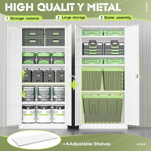 Crownland 72" Lockable Metal Storage Cabinet, Garage Storage Cabinets, High Office Cabinet with Adjustable Shelves for Garage, Home Office,Pantry, File(White)