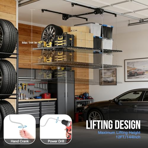 Garvee Overhead Garage Storage Rack Lift, 4x8 ft Ceiling Mounted Storage Racks, 12FT Max Adjustable Height, 800lbs Weight Capacity, Heavy-Duty Metal Ceiling Rack for Organization