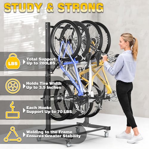 Ultrawall Freestanding Bike Rack with Wheels, Vertical Bike Storage Stand for Garage, Indoor Bicycle Organizer Holds Up to 4 Bikes, Heavy-Duty Steel Bike Rack