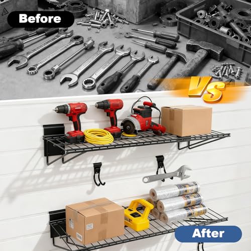 LYYUWE 20PCS Slatwall Accessories Set, Includes 2 Pack Slatwall Wire Shelves (24 inches Width) and 18 Pack Heavy Duty Multisize Slatwall Hooks for Garage Organization, Retail Display (24 Inch)
