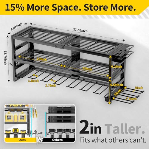 SEENWUUN Power Tool Organizer Wall Mount Heavy Duty 320 lbs, 3 Layers Storage Rack with 9 Drill Holders & Battery Storage, cordless tool organizer for Garage, Workshop & Tool Room