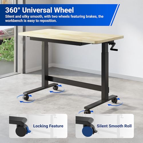 FLEXIMOUNTS 47.2" x 23.6" Adjustable Height Workbench with Hand Crank, Drawers & 360° Wheels – Rubber Wood Top Heavy-Duty Workstation & Steel Frame for Garage, Studio, Kitchen or Workshop