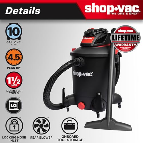 Shop-Vac 5761011 10 Gallon Wet/Dry Shop Vacuum, 4.5 Peak HP, 1.5 Inch Diameter x 7 Foot Hose, 12 Foot Cord, Ideal for Home, Garage, and Workshop Cleaning