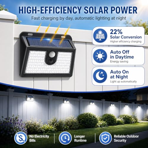 [6 Packs] Solar Motion Sensor Outdoor Lights, Super Bright Solar Lights Outdoor Waterproof, 3 Lighting Modes Security Wall Light for Outside Walking Dog Fence Backyard Deck Garden Door Step Garage