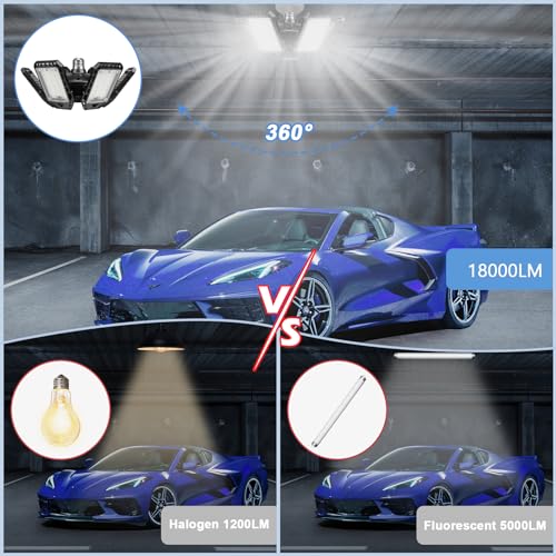 Aoretic LED Garage Lights 1 Pack -180W, 18000LM 6500K Led Shop Light with 6+1 Deformable Panels, Basement Barn Light Garages Ceiling Lights, E26/E27 for Garage, Warehouse, Shop