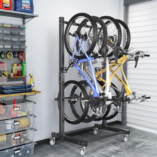 Ultrawall Freestanding Bike Rack with Wheels, Vertical Bike Storage Stand for Garage, Indoor Bicycle Organizer Holds Up to 4 Bikes, Heavy-Duty Steel Bike Rack