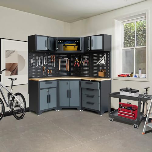HPDMC Corner Workshop Set - Garage Cabinets and Storage System with Corner Cabinet, Cabinet Drawers, Workbench, Pegboard for Tool Organization - Black and Grey
