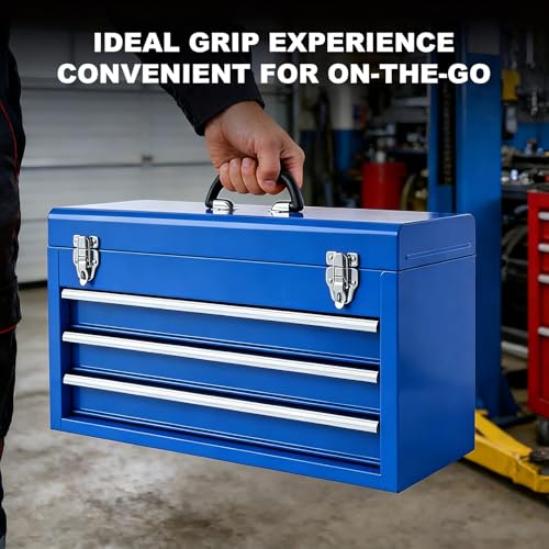 BIG RED ANTBD133-XU Torin 3 Drawer 20.5" Portable Metal Tool Box: Ball-Bearing Slides and 2 Metal Latches for Secure Closure in Garage, Home or Workbench, Blue