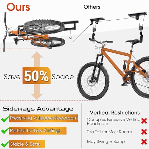 Vanesa Hydraulic Bike Ceiling Mount for Garage - Heavy Duty Pull Down Bike Hanger, Folding Overhead Bike Storage Hoist Holds Up to 66 lbs, Space Saving Bicycle Mount for Garage/Indoor