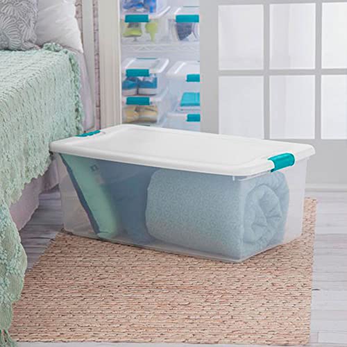 Sterilite Storage System Solution with 106 Quart Clear Latching Storage Tote, 4 Pack and 66 Quart Plastic Stackable Storage Tote, 4 Pack