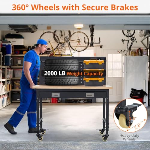 48" Adjustable Workbench with Wheels, 2000 LB Capacity, Power Outlets, Solid Hardwood Top, Heavy Duty Garage Work Table for Workshop, Home Office, DIY