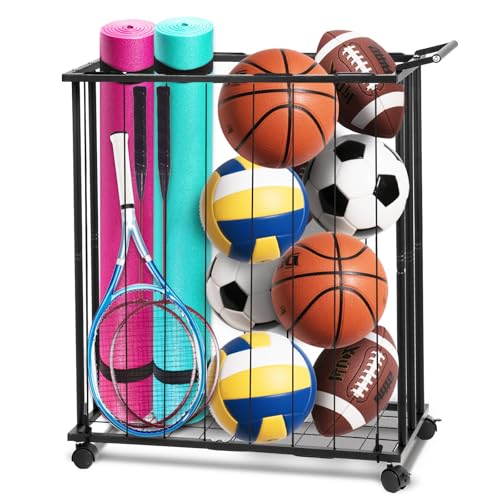 Garage Ball Storage Sports Ball Cart with Wheels - Sports Equipment Organizer for Basketball,Soccer,Volleyball,Space-Saving-Ball Rack with Elastic Rope,Basketball Holder for Home,Gym, Indoor,Outdoor